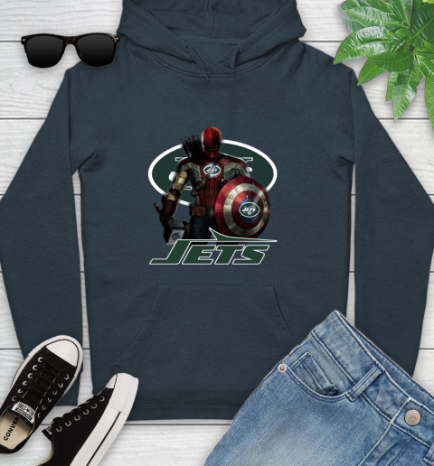 NFL Captain America Thor Spider Man Hawkeye Avengers Endgame Football New York Jets Youth Hoodie 8