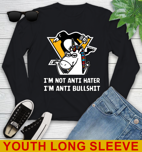 Pittsburgh Penguins NHL Hockey Unicorn I'm Not Anti Hater I'm Anti Bullshit Youth Long Sleeve 2