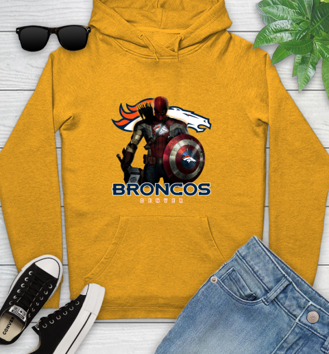 NFL Captain America Thor Spider Man Hawkeye Avengers Endgame Football Denver Broncos Youth Hoodie 3