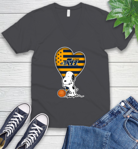 Utah Jazz NBA Basketball The Peanuts Movie Adorable Snoopy V-Neck T-Shirt 5