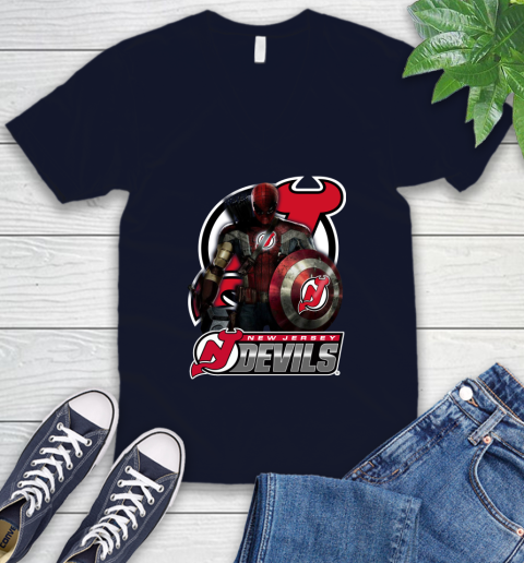 NHL Captain America Thor Spider Man Hawkeye Avengers Endgame Hockey New Jersey Devils V-Neck T-Shirt 3