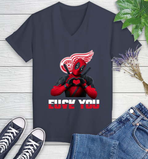 NHL Detroit Red Wings Deadpool Love You Fuck You Hockey Sports Women's V-Neck T-Shirt 12