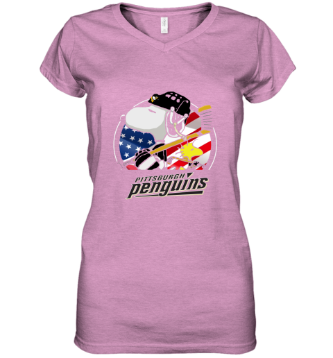 Pittsburg Peguins Ice Hockey Snoopy And Woodstock NHL Women's V-Neck T-Shirt