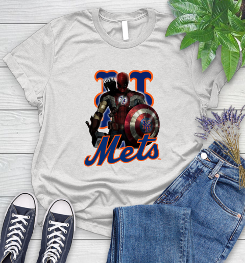 MLB Captain America Thor Spider Man Hawkeye Avengers Endgame Baseball New York Mets Women's T-Shirt
