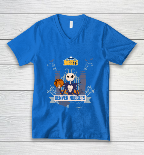 NBA Denver Nuggets Basketball Jack Skellington Halloween V-Neck T-Shirt 5