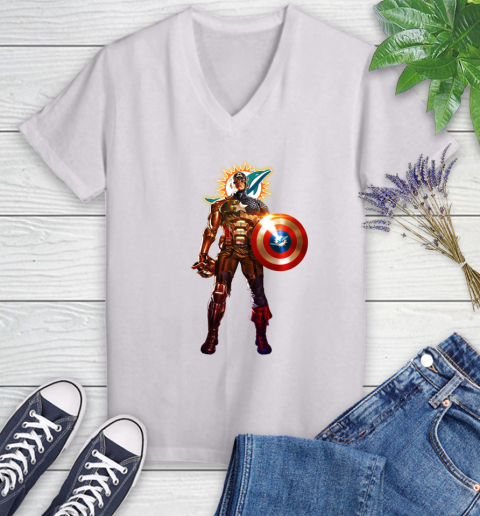NFL Captain America Marvel Avengers Endgame Football Sports Miami Dolphins Women's V-Neck T-Shirt