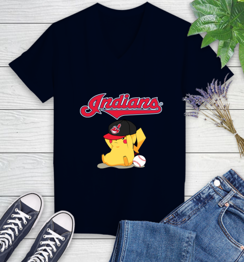 MLB Pikachu Baseball Sports Cleveland Indians Women's V-Neck T-Shirt 3