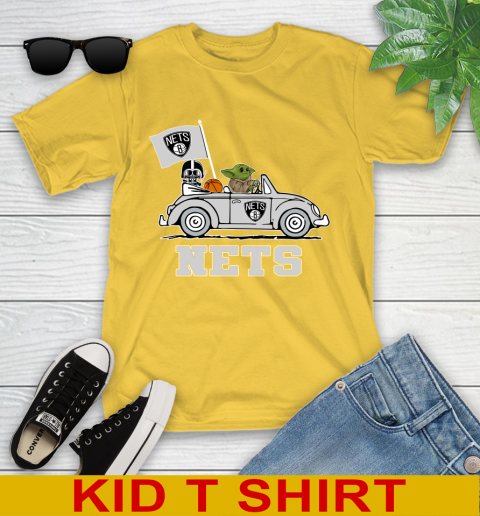 NBA Basketball Brooklyn Nets Darth Vader Baby Yoda Driving Star Wars Shirt Youth T-Shirt 8