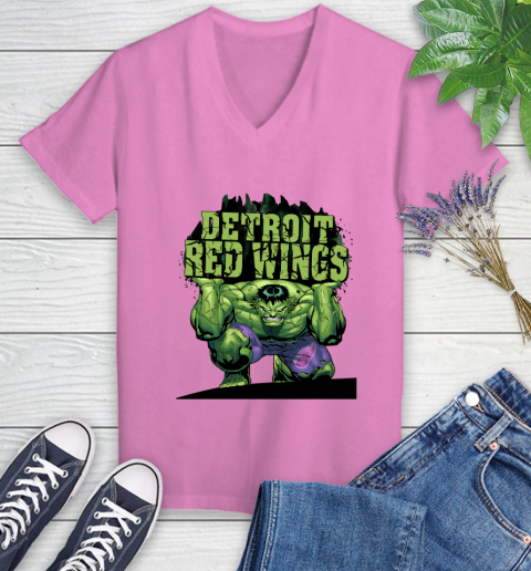 Detroit Red Wings NHL Hockey Incredible Hulk Marvel Avengers Sports Women's V-Neck T-Shirt 14