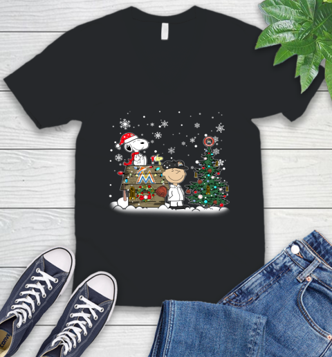 MLB Miami Marlins Snoopy Charlie Brown Christmas Baseball Commissioner's Trophy V-Neck T-Shirt