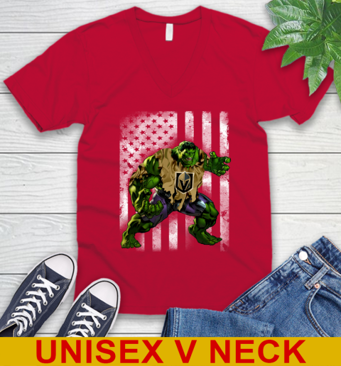 Vegas Golden Knights Hulk Marvel Avengers NHL Hockey American Flag V-Neck T-Shirt 6