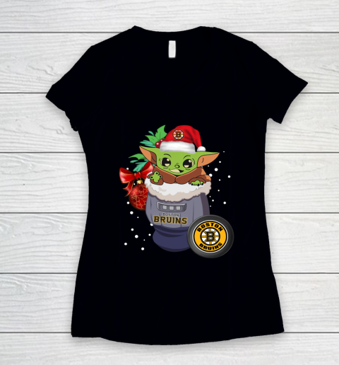 Boston Bruins Christmas Baby Yoda Star Wars Funny Happy NHL Women's V-Neck T-Shirt