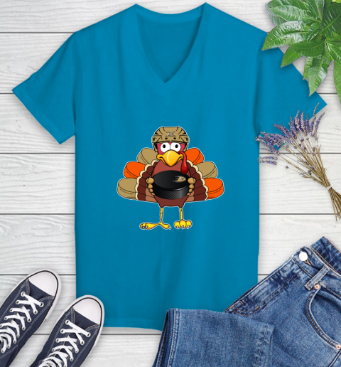 Anaheim Ducks Turkey Thanksgiving Day Women's V-Neck T-Shirt 7