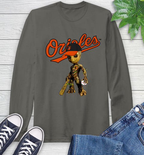 MLB Baltimore Orioles Groot Guardians Of The Galaxy Baseball Long Sleeve T-Shirt 8