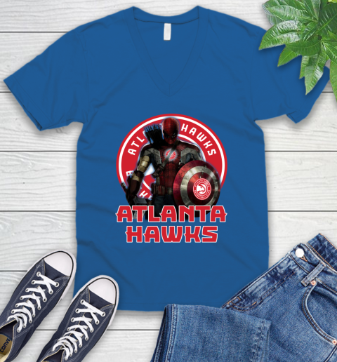 Atlanta Hawks NBA Basketball Captain America Thor Spider Man Hawkeye Avengers V-Neck T-Shirt 6