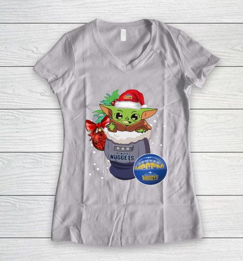 Denver Nuggets Christmas Baby Yoda Star Wars Funny Happy NBA Women's V-Neck T-Shirt 2