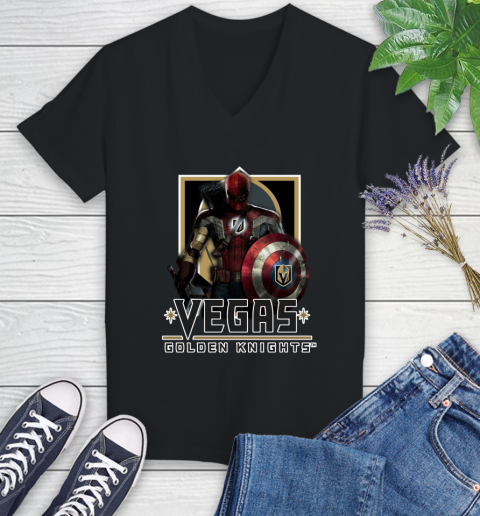 NHL Captain America Thor Spider Man Hawkeye Avengers Endgame Hockey Vegas Golden Knights Women's V-Neck T-Shirt 2