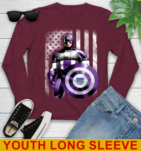 Sacramento Kings NBA Basketball Captain America Marvel Avengers American Flag Shirt Youth Long Sleeve 6