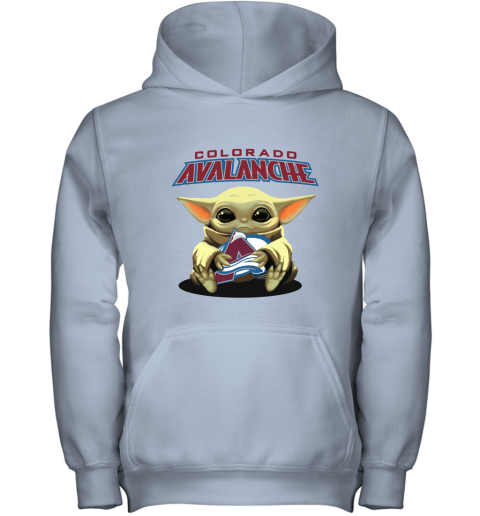Baby Yoda Hugs The Colorado Avalanche Ice Hockey Youth Hoodie