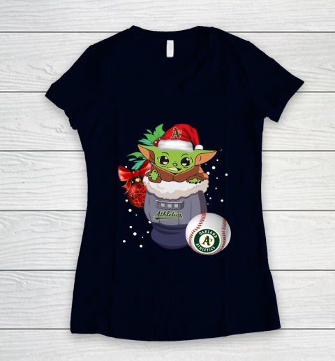 Oakland Athletics Christmas Baby Yoda Star Wars Funny Happy MLB Women's V-Neck T-Shirt 3