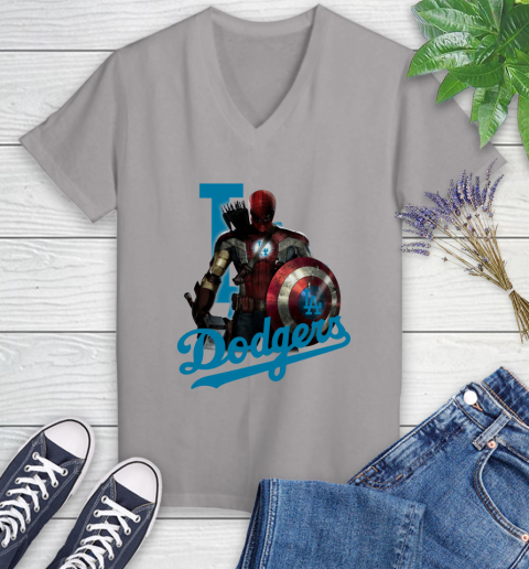 MLB Captain America Thor Spider Man Hawkeye Avengers Endgame Baseball Los Angeles Dodgers Women's V-Neck T-Shirt 4