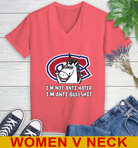 Montreal Canadiens NHL Hockey Unicorn I'm Not Anti Hater I'm Anti Bullshit Women's V-Neck T-Shirt 7