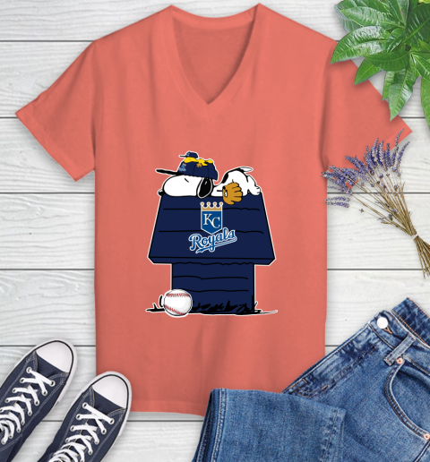 MLB Kansas City Royals Snoopy Woodstock The Peanuts Movie Baseball T Shirt Women's V-Neck T-Shirt 6