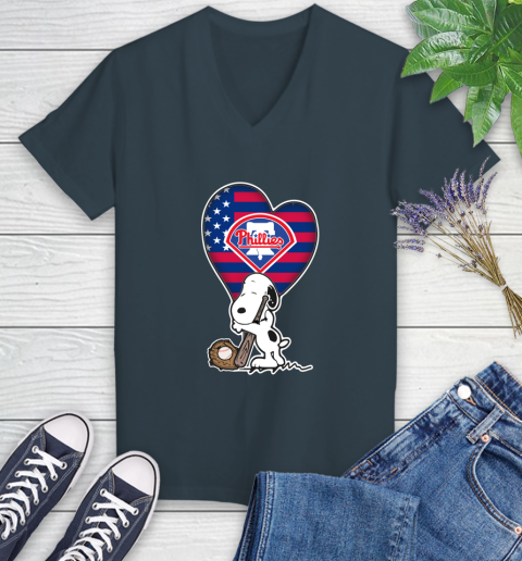 Philadelphia Phillies MLB Baseball The Peanuts Movie Adorable Snoopy Women's V-Neck T-Shirt 8