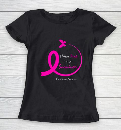 Womens Butterfly I Wear Pink I m A Survivor Breast Cancer Awareness Women's T-Shirt