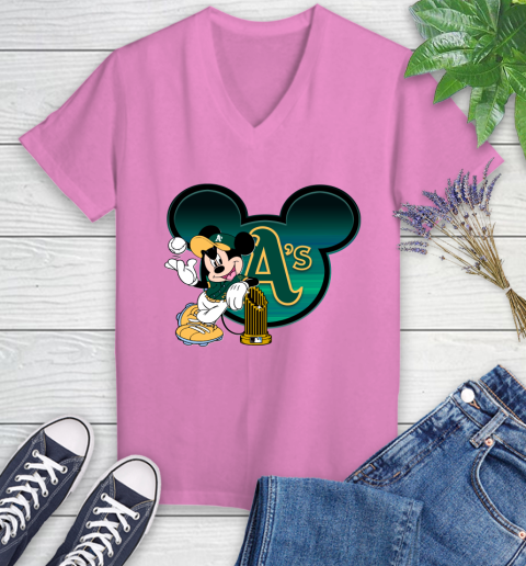 MLB Oakland Athletics The Commissioner's Trophy Mickey Mouse Disney Women's V-Neck T-Shirt 14