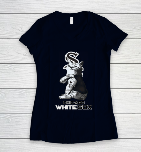 MLB Baseball My Cat Loves Chicago White Sox Women's V-Neck T-Shirt 2