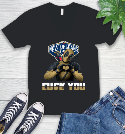 NBA New Orleans Pelicans Deadpool Love You Fuck You Basketball Sports V-Neck T-Shirt