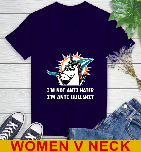 Miami Dolphins NFL Football Unicorn I'm Not Anti Hater I'm Anti Bullshit Women's V-Neck T-Shirt 4
