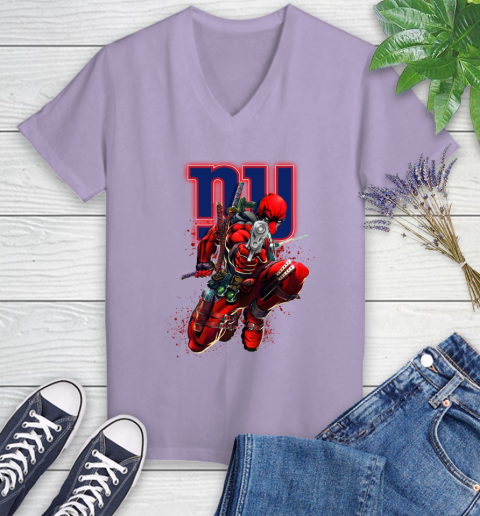 NFL Deadpool Marvel Comics Sports Football New York Giants Women's V-Neck T-Shirt 14