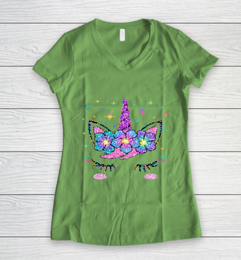 Unicorn Costume Rainbow Face Girls Women's V-Neck T-Shirt 5