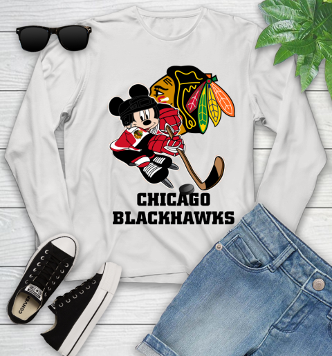 NHL Chicago Blackhawks Mickey Mouse Disney Hockey T Shirt Youth Long Sleeve
