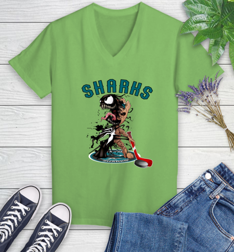 NHL San Jose Sharks Hockey Venom Groot Guardians Of The Galaxy Women's V-Neck T-Shirt 11