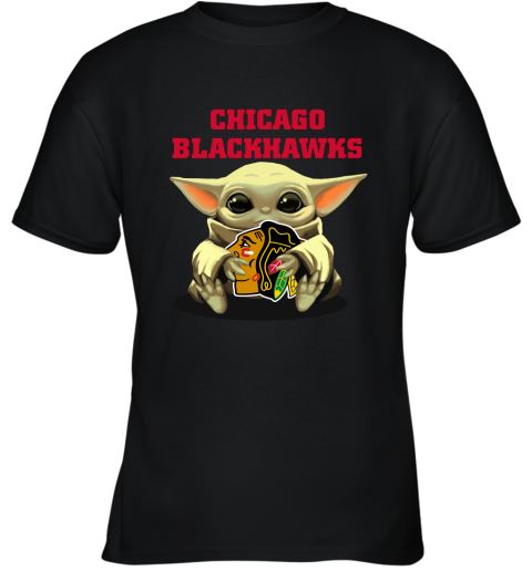 Baby Yoda Hugs The Chicago Blackhawks Ice Hockey Youth T-Shirt