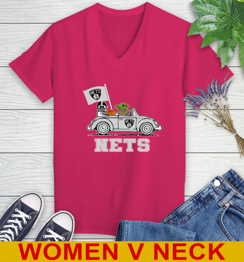 NBA Basketball Brooklyn Nets Darth Vader Baby Yoda Driving Star Wars Shirt Women's V-Neck T-Shirt 10