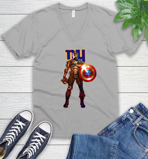 NFL Captain America Marvel Avengers Endgame Football Sports New York Giants V-Neck T-Shirt 4