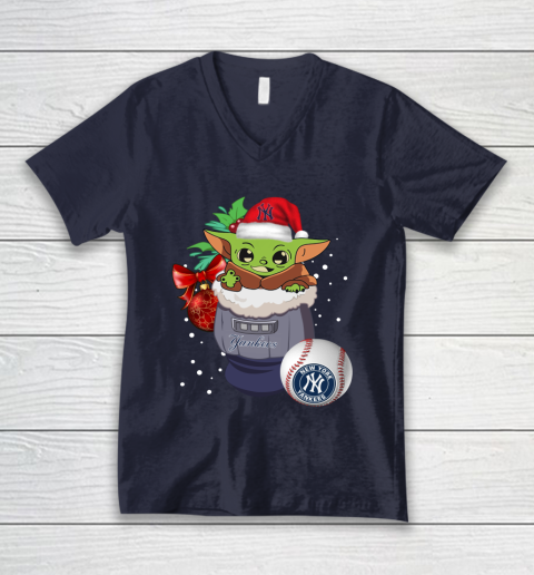 New York Yankees Christmas Baby Yoda Star Wars Funny Happy MLB V-Neck T-Shirt 3