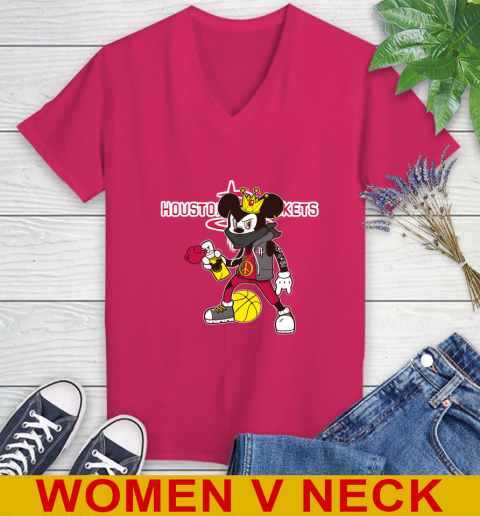 Houston Rockets NBA Basketball Mickey Peace Sign Sports Women's V-Neck T-Shirt 10