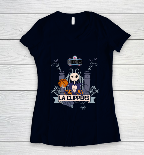 NBA LA Clippers Basketball Jack Skellington Halloween Women's V-Neck T-Shirt 2