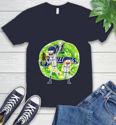 MLB Milwaukee Brewers Rick And Morty Commissioner's Trophy Baseball Sports V-Neck T-Shirt 3