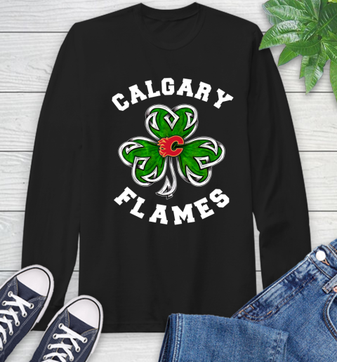 NHL Calgary Flames Three Leaf Clover St Patrick's Day Hockey Sports Long Sleeve T-Shirt