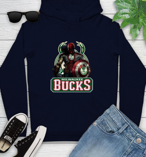 Milwaukee Bucks NBA Basketball Captain America Thor Spider Man Hawkeye Avengers Youth Hoodie 4