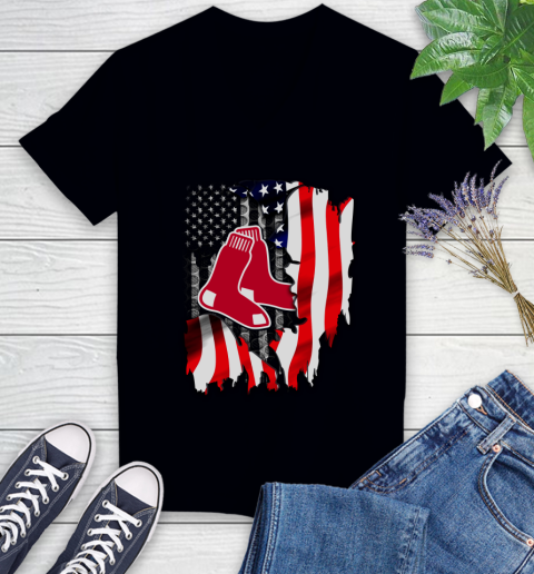 Boston Red Sox MLB Baseball American Flag Women's V-Neck T-Shirt