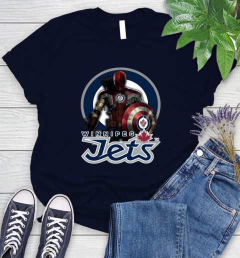 NHL Captain America Thor Spider Man Hawkeye Avengers Endgame Hockey Winnipeg Jets Women's T-Shirt 3