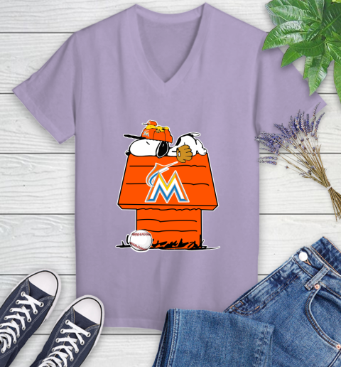 MLB Miami Marlins Snoopy Woodstock The Peanuts Movie Baseball T Shirt Women's V-Neck T-Shirt 14