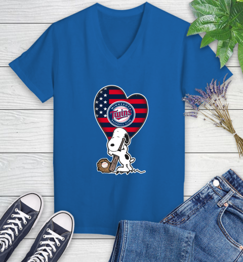 Minnesota Twins MLB Baseball The Peanuts Movie Adorable Snoopy Women's V-Neck T-Shirt 10